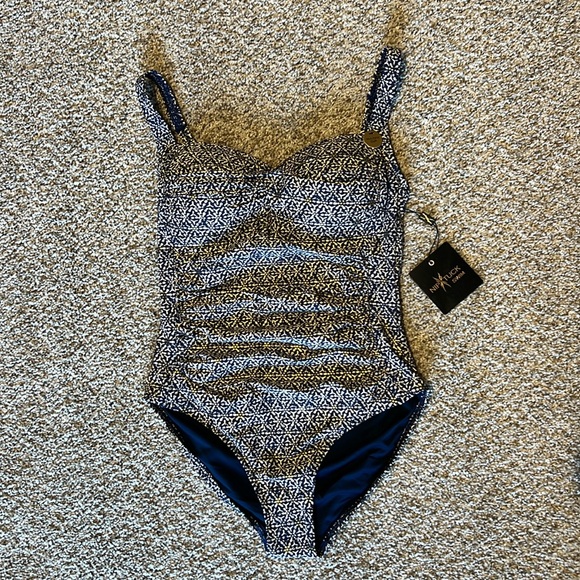 Nip Tuck Swim NWT Size 6 one piece, navy print w/gold accent detail ADORABLE - Picture 1 of 4